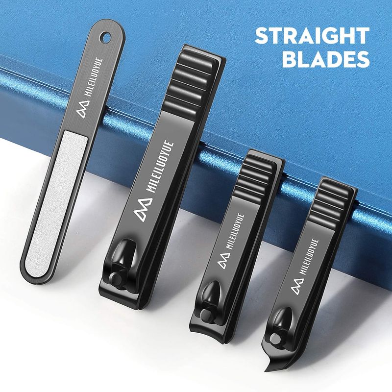 MILEILUOYUE Nail Clippers Set Black Stainless Steel Nail Cutter&amp; Sharp Oblique Toe Nail Clipper &amp; Nail File 4 Pieces, Metal tin Box for Men and Women Suitable for Gifts.