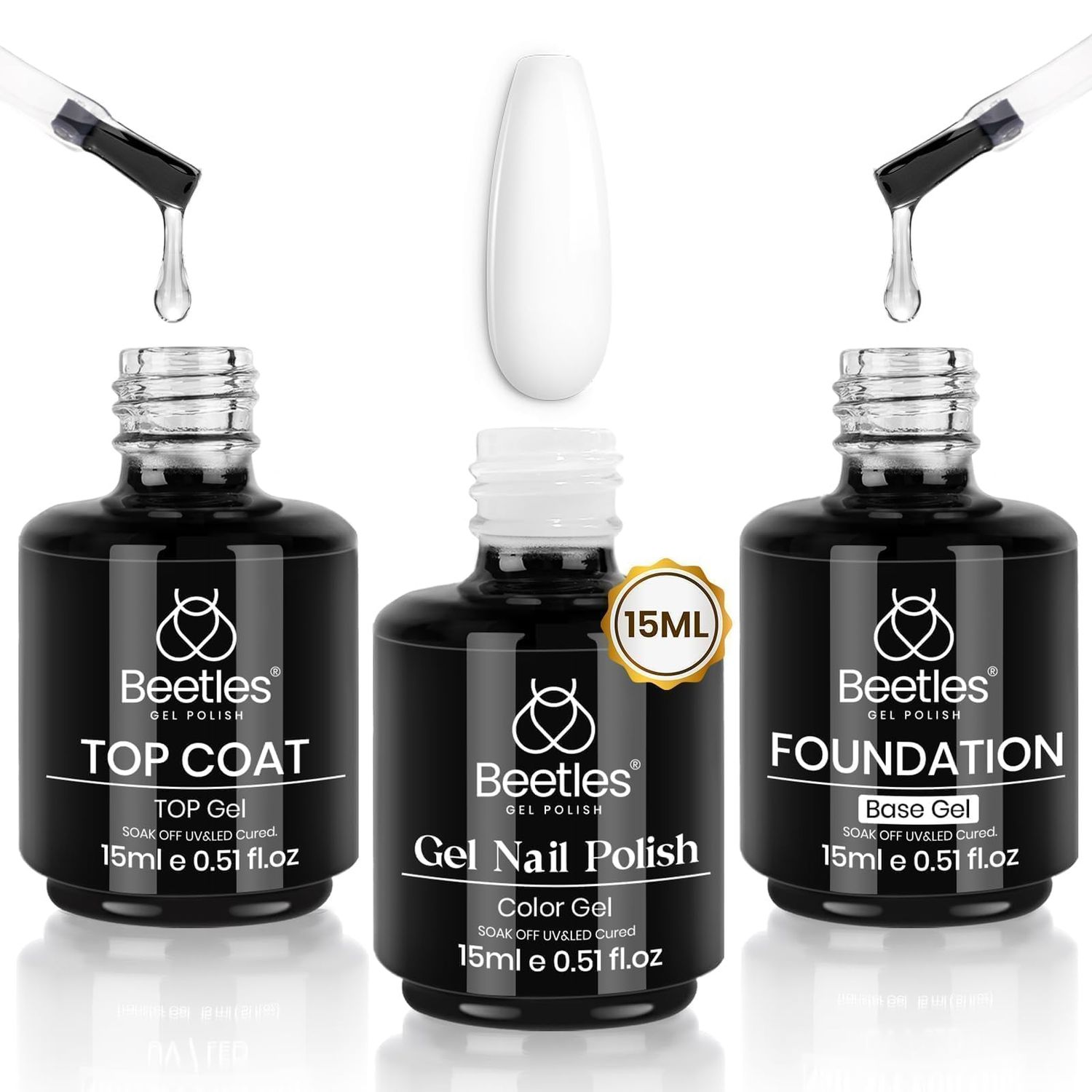 beetles Gel Polish 3 Pcs 15ml No Wipe Gel Top Coat &amp; Base Coat White Gel Polish Set Soak Off Uv Nail Lamp-Shine Finish and Long Lasting Gel Glossy Top Coat Base Gel French Nail Art Design Manicure Kit