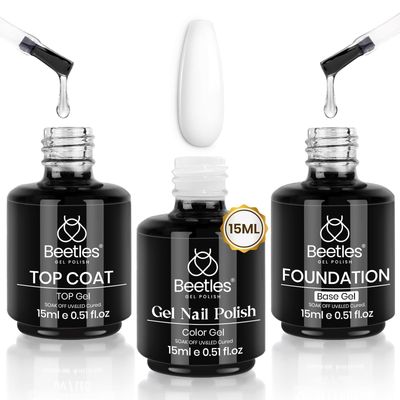 beetles Gel Polish 3 Pcs 15ml No Wipe Gel Top Coat &amp; Base Coat White Gel Polish Set Soak Off Uv Nail Lamp-Shine Finish and Long Lasting Gel Glossy Top Coat Base Gel French Nail Art Design Manicure Kit
