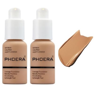2 Pack PHOERA Foundation, Flawless Soft Matte Liquid Foundation,24 HR Full Coverage Mattle Oil-Control Foundation Makeup.(105# Sand)