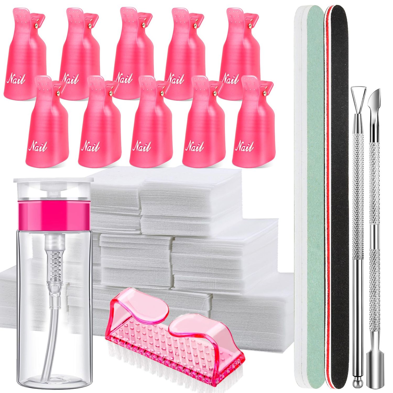 FANDAMEI Nail Polish Gel Remover Tools Kit with Nail Clips, 100ml Nail Polish Remover Bottle, 500 Nail Remover Cotton Pad, Nail Brush, Cuticle PusherPeeler, 100180 Nail File,Buffer Block