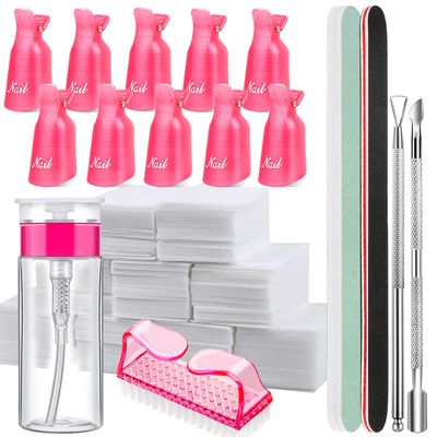 FANDAMEI Nail Polish Gel Remover Tools Kit with Nail Clips, 100ml Nail Polish Remover Bottle, 500 Nail Remover Cotton Pad, Nail Brush, Cuticle PusherPeeler, 100180 Nail File,Buffer Block