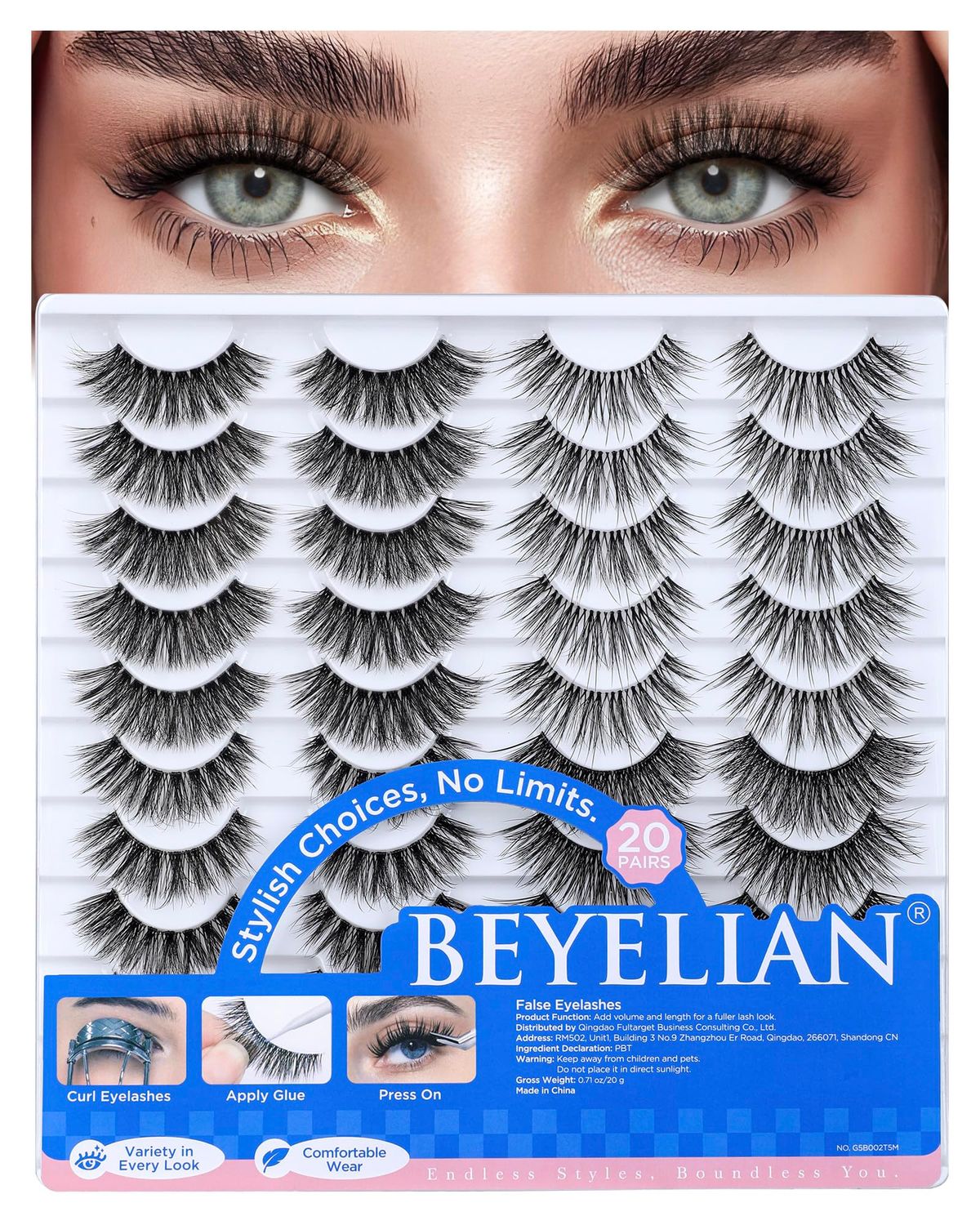 BEYELIAN Fake Eyelashes Strip 20 Pairs Fluffy Cat Eye Lashes Soft and Lightweight False Lashes 3D Volume Faux Mink Lashes Luxurious Lash Pack, Reusable, Easy to Apply (20P-HSCS-MIX-2)