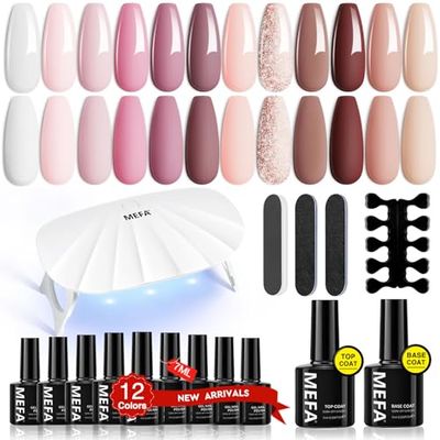 MEFA 19 Pcs Gel Nail Polish Kit with U V Light, 12 Colors All Seasons Nude Milky White Soak Off Gel Polish Nail Set with Base Top Coat Essential Manicure Tools Beginners Valentine Salon Nails DIY Art