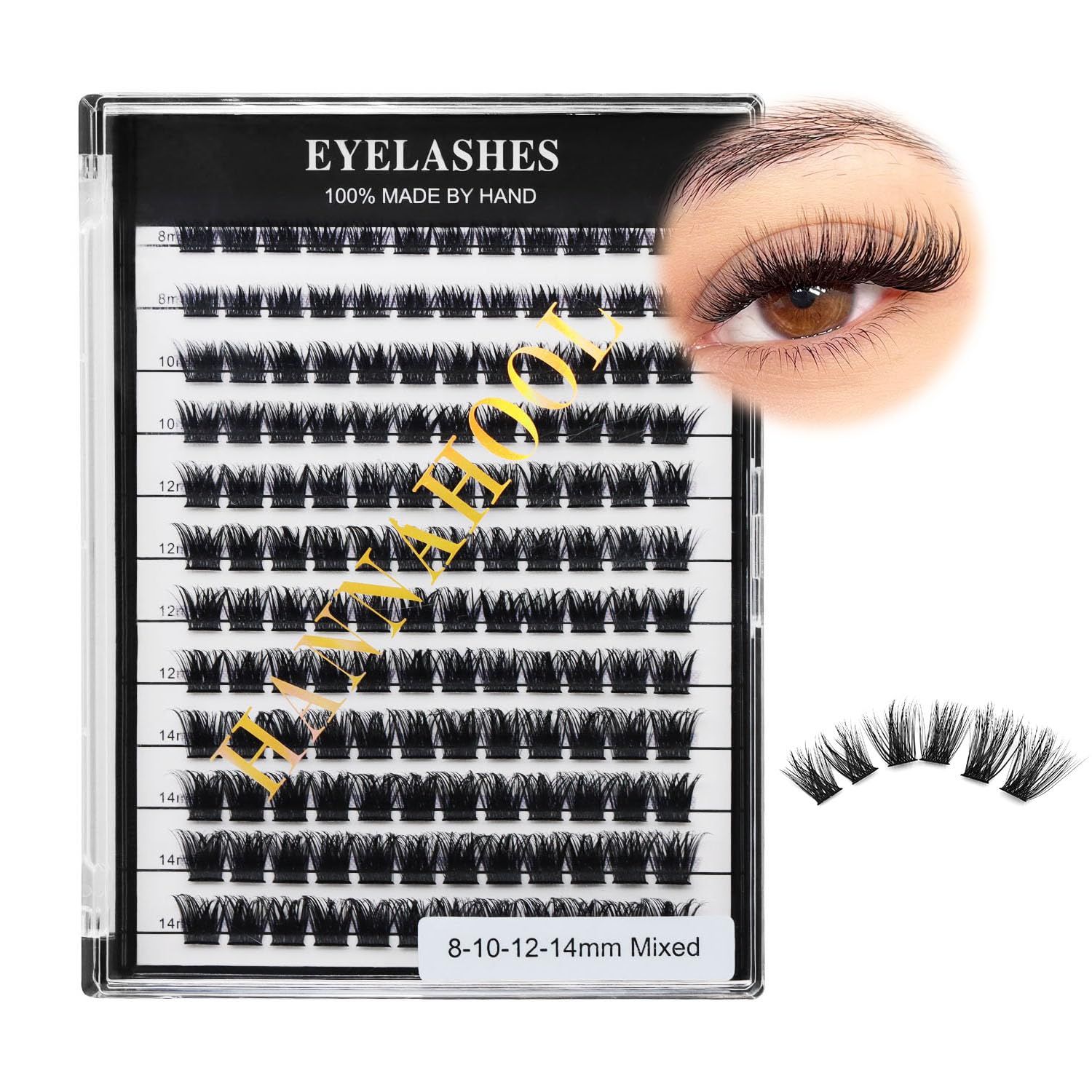 Hannahool Mixed 8-12-14-16mm8-10-12-14mm10-12-14-16mm14-15-16mm Wide Stem Individual False Eyelashes Soft Lightweight Volume Eyelashes Extensions Makeup Cluster Lashes (Mixed 8-10-12-14mm)