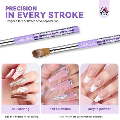 SAVILAND Kolinsky Acrylic Nail Brush Set Size 6,10,14 Professional Nail Brushes Cleaner Manicure Tool for Acrylic Application Acrylic Powder Nail Extension 3D Nail Carving for Nail Art DIY