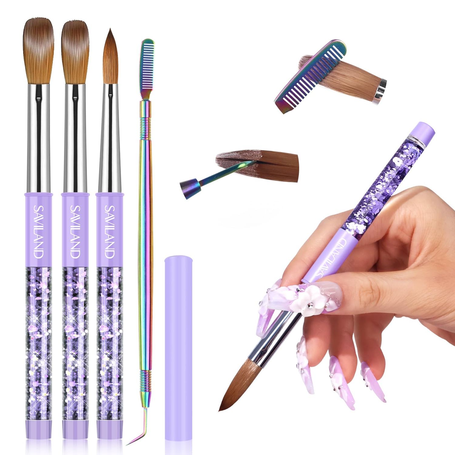 SAVILAND Kolinsky Acrylic Nail Brush Set Size 6,10,14 Professional Nail Brushes Cleaner Manicure Tool for Acrylic Application Acrylic Powder Nail Extension 3D Nail Carving for Nail Art DIY