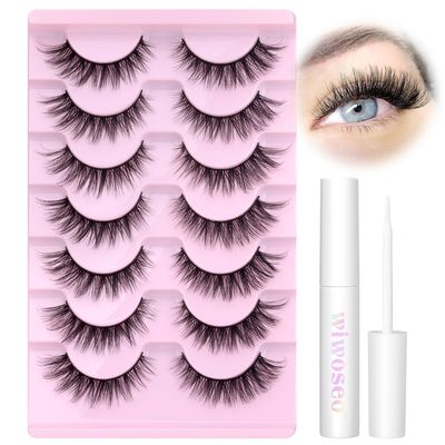 Wispy Lashes Natural Look False Eyelashes with Lash Glue Cat Eye Lashes Kit Lashes Extension with Eyelash Glue Short Mink Lashes Pack, 7 Pairs with Clear Lash Glue by wiwoseo