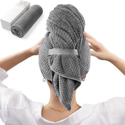 YFONG Large Microfiber Hair Towel Wrap for Women, Soft Hair Drying Towel with Elastic Band, Fast Drying Hair Turbans for Wet Curly Long Hair, Microfiber Towel for Hair Anti Frizz 26.3&quot; X 40&quot; (Gray)