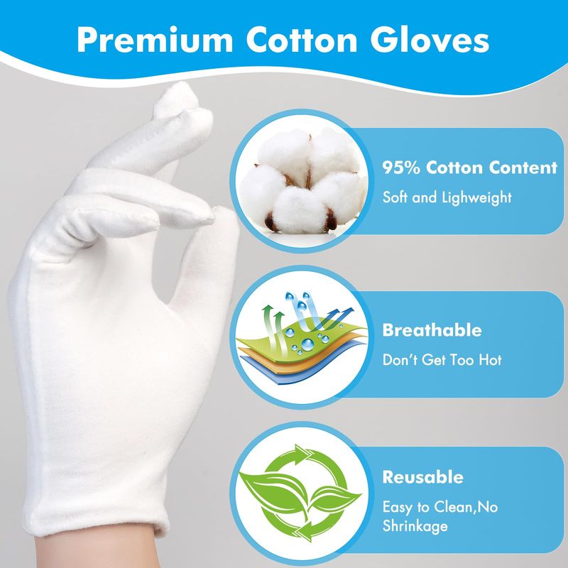 Cotton Gloves for Dry Hands Sleeping, 4 Pairs Moisturizing Gloves Overnight, White Cotton Gloves for Men and Women, Eczema Gloves, White Gloves Costume for Christmas Weddings Serving Inspection