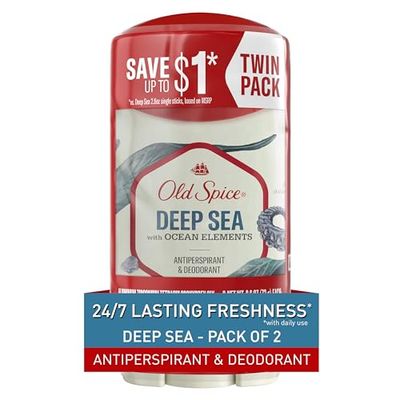 Old Spice Antiperspirant and Deodorant for Men, 247 Sweat and Odor Protection, Invisible Solid, Deep Sea with Ocean Elements Scent, 2.6 oz (Pack of 2)