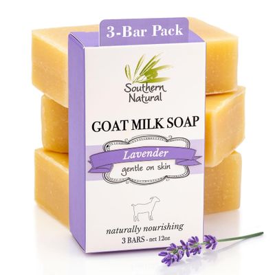 Southern Natural Goat Milk Soap Bar (Lavender 3 Pack) For Dry Sensitive Skin. Natural, Handmade Soap For Men, Women, Kids &amp; Baby. Use On Face &amp; Body