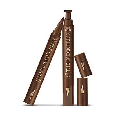 The Quick Flick Winged Eyeliner Stamp - Waterproof &amp; Smudge Proof Vegan Cat Eye Stamp Eyeliner - 4mm Thick Winged Stamp &amp; 10mm To The Point Felt-Tip Hypoallergenic Eyeliner Pen (Hot Fudge-2 Pen)