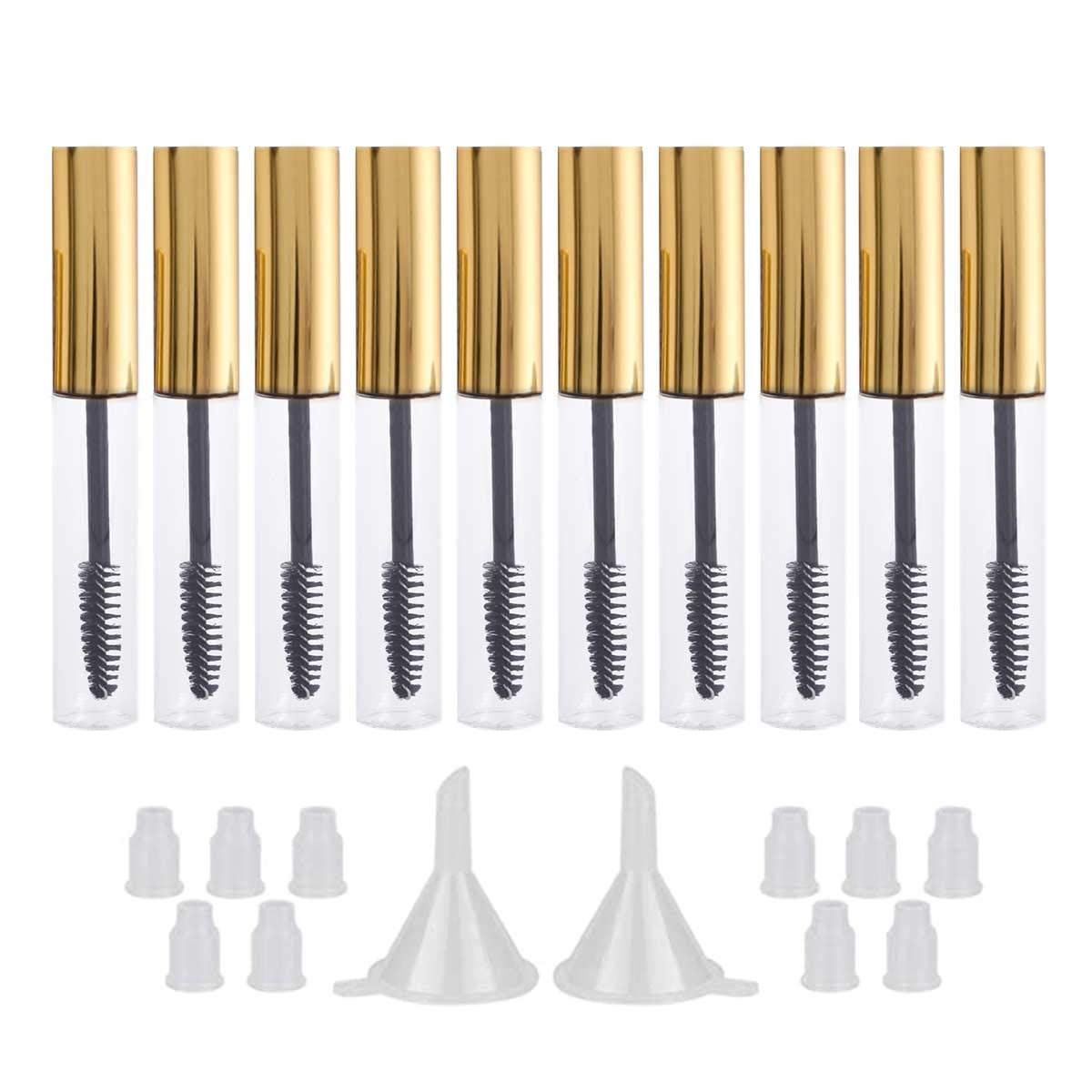 GTHER 10PCS 10ML Empty Mascara Tube Bottle with Eyelash Wand &amp; Rubber Inserts &amp; Funnels Set for Castor OilEyelash Growth Oil, DIY Mascara Eyelash Cream Container with Cap, Gold