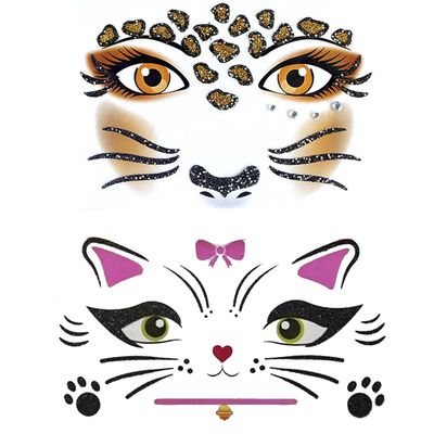 Nirbffo Animal Face Sticker Leopard Cat Floral Festival Body Paint Decoration Stickers for Halloween Stage performance face stickers 2sheets