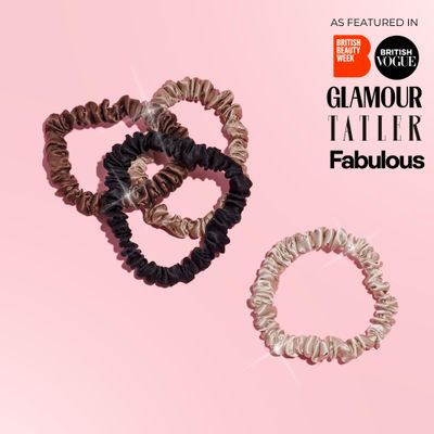 SILKIE x4 Set - Forget Satin - 100% Pure Mulberry Silk Black Brown Skinny Scrunchies Travel Pouch Everyday Hair Ties Elastics Hair Care Ponytail Holder No Damage (Chocolate)
