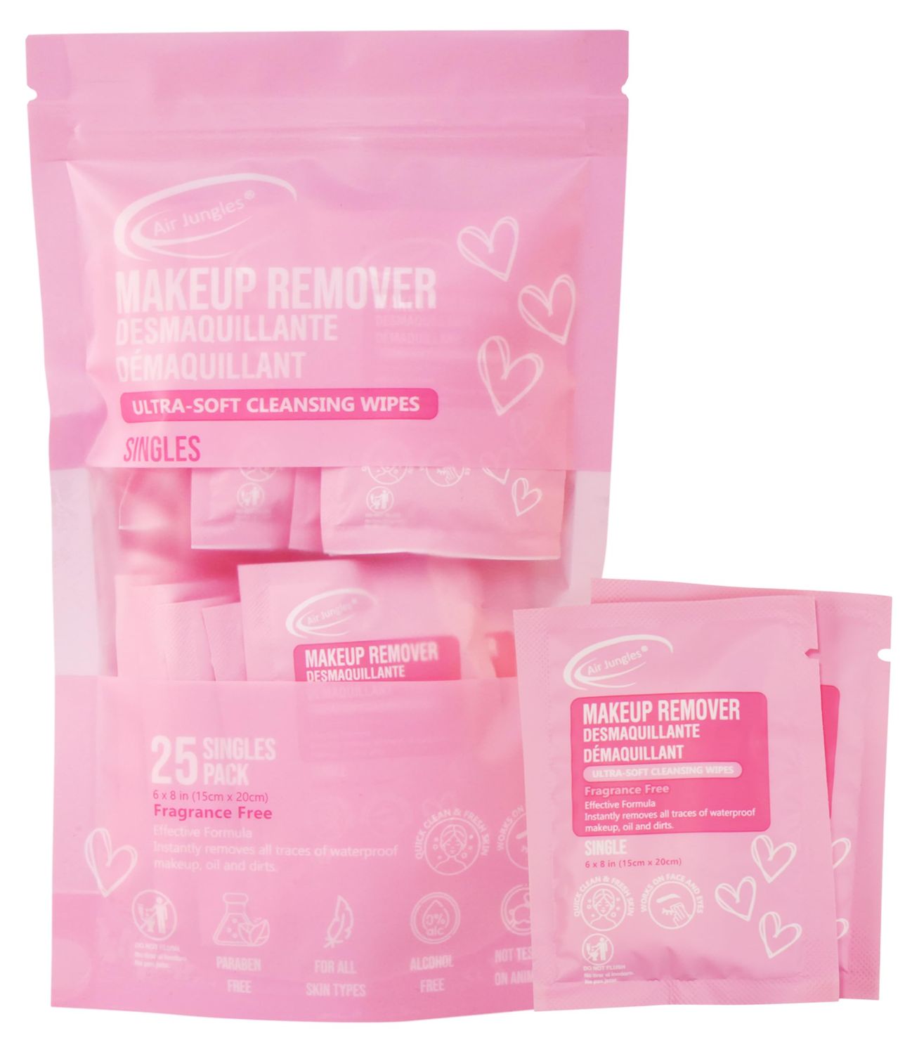 Air Jungles Makeup Remover Wipes Singles 25 Count, Fragrance-Free, Gentle Removes Makeup and Oil, Soft Cleansing Wipes, Alcohol Free, Large 6&quot; x 8&quot; Unfolded Wipe Size