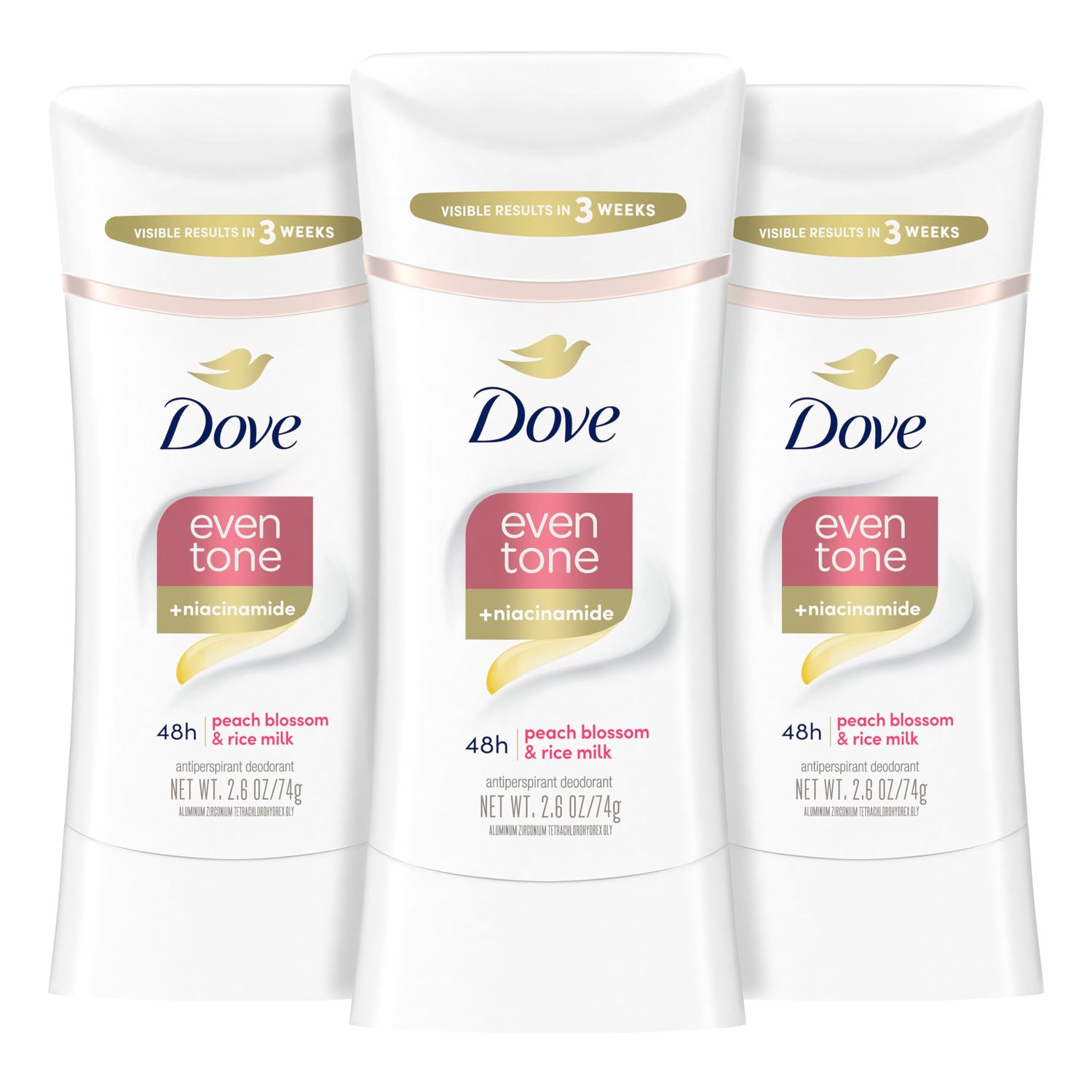 Dove Even Tone Antiperspirant Deodorant Stick Peach Blossom &amp; Rice Milk 3 Count 2.6 oz