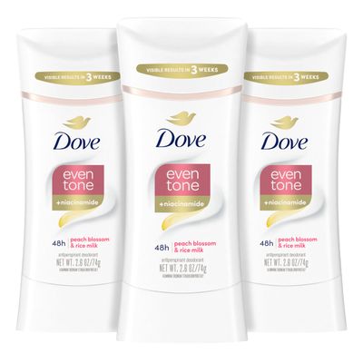 Dove Even Tone Antiperspirant Deodorant Stick Peach Blossom &amp; Rice Milk 3 Count 2.6 oz