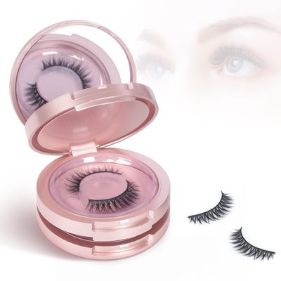 Buqikma 3 Layers Circle Eyelash Box with Mirror, Empty Eyelash Storage Case Organizers Travel Lash Case with Lash Holder for Cosmetic Rose Gold