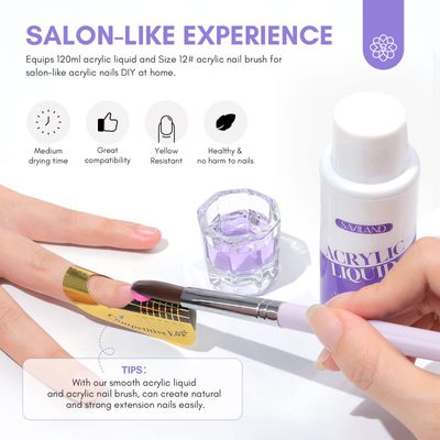 SAVILAND Monomer Acrylic Nail Liquid 4 oz Acrylic Liquid Monomer with #12 Acrylic Nail Brush for Acrylic Powder Application, Non-Yellowing Acrylic Nail Monomer Liquid for DIY Home & Nail Salon Use