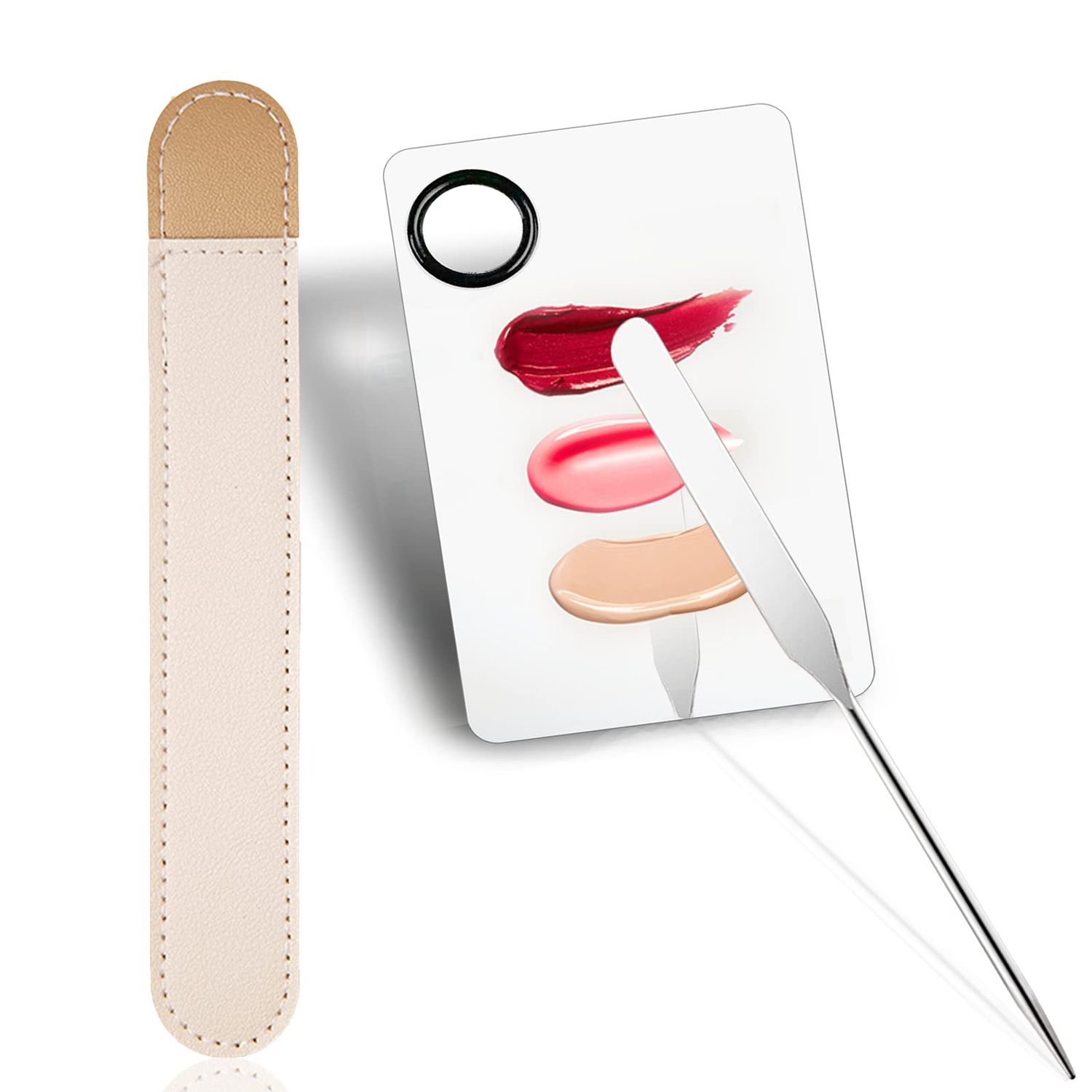 Penugo Picasso Makeup Spatula and Palette Set, Korean Makeup Spatula with Leather Cover, Stainless Steel Makeup Palette with Scraper Tool, Metal Foundation Palette for Cosmetic Pigment BlendingSS