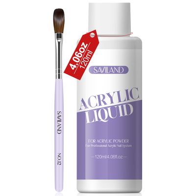 SAVILAND Monomer Acrylic Nail Liquid 4 oz Acrylic Liquid Monomer with #12 Acrylic Nail Brush for Acrylic Powder Application, Non-Yellowing Acrylic Nail Monomer Liquid for DIY Home &amp; Nail Salon Use