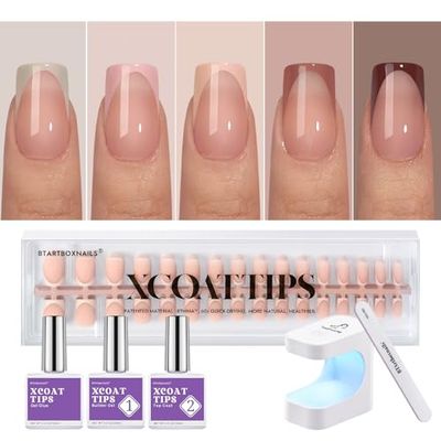 BTArtboxnails XCOATTIPS French Gel Nails - Skin Tones French Tip Press on Nails, Short Square Nail Tips with Nail Gel, French Protecting Duo, Nail Lamp, All in One Fake Nail Valentines Day Gift