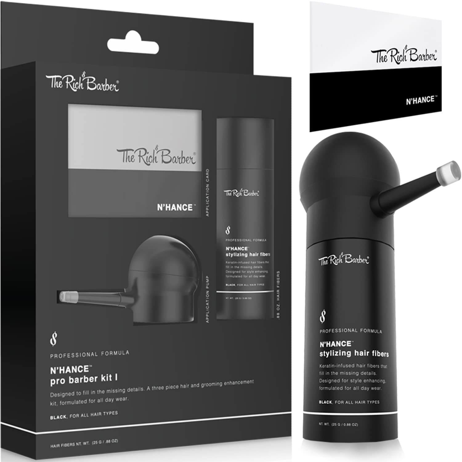 The Rich Barber N&#39;Hance Pro Barber Kit I - Professional 3-in-1 Hair &amp; Beard Styling Set - Keratin-Infused Hair Building Fibers, Applicator Pump, Application Card - Hairline Enhancer &amp; Volumizing Spray