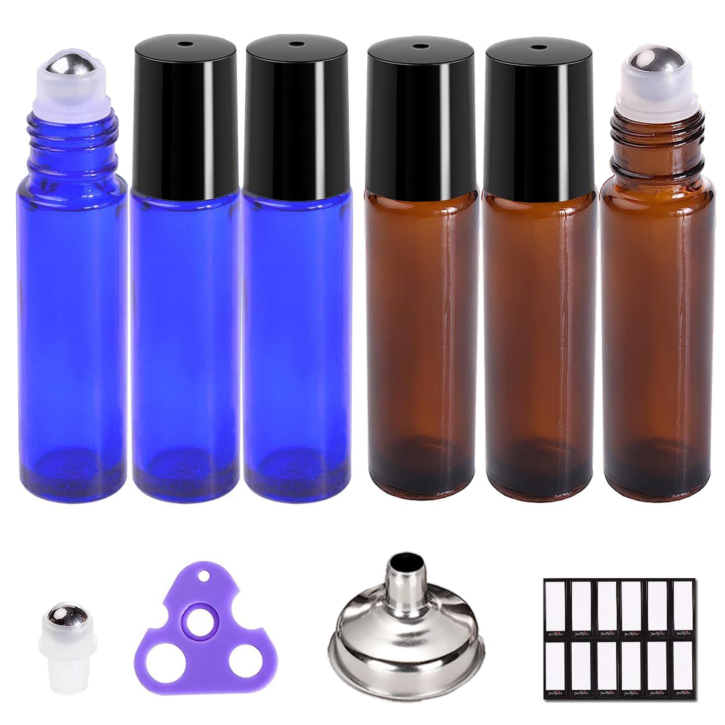 PrettyCare Roller Bottles For Oils 10 ml (Amber Glass and Blue Glass, 6 Pack, 1 Extra Stainless Steel Balls, 12 Labels, 1 Opener, 1 Funnels Essential Oil Roller Bottles, Roller on Bottles