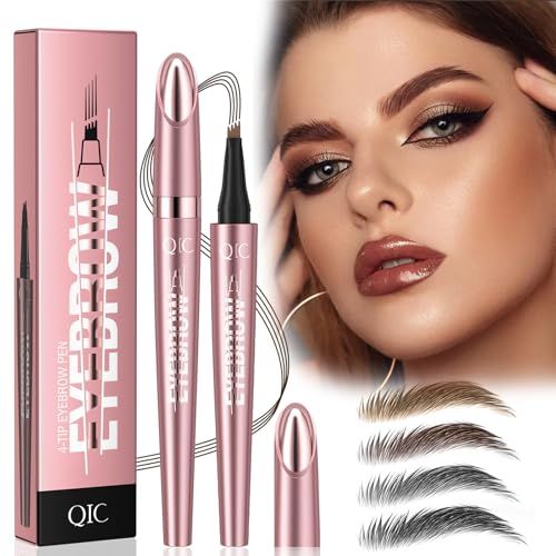 4 PCS Microblading Waterproof Eyebrow Pen, 4 Tipped 3D Magic Eyebrow Pencil Contouring Pen, Long Lasting Natural Fine Stroke, Light Brown, Dark Brown, Grey, Black (4 Colors Eyebrow Pen)