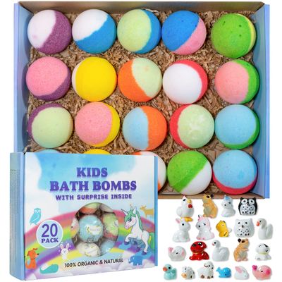 Bath Bomb Gift Set with Toys Inside, 20 Pack Organic Bath Bombs for Kids, Kids Safe Handmade Fizzy Balls for Kid, Ideal Birthday Gift for Boys &amp; Girls