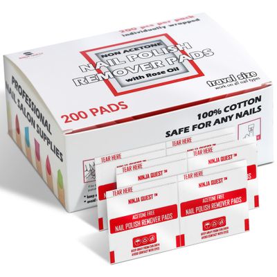 Nail Polish Remover Pads 100% Non Acetone - 200 Pack of Individually Wrapped Bulk Set Gel Nail Polish Remover Wipes - Fingernail Travel Kit to Clear Nail Polish for Home &amp; Professional Removal