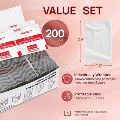 Nail Polish Remover Pads 100% Non Acetone - 200 Pack of Individually Wrapped Bulk Set Gel Nail Polish Remover Wipes - Fingernail Travel Kit to Clear Nail Polish for Home &amp; Professional Removal