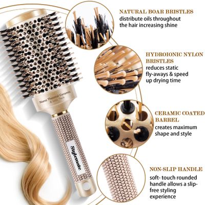 STYLEMATE Round Brush for Blow Out, Nano Thermal Ceramic &amp; Ionic Tech, 2.1 Inch Barrel, Boar Bristles, Roller Brush for Blow Drying and Styling, Gold, Hair Brush for All Hair Types