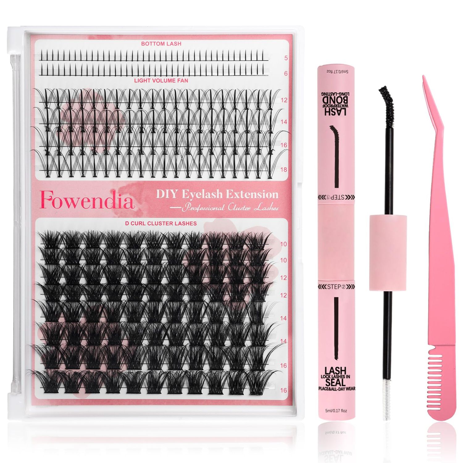 Fowendia Lash Clusters Kit DIY Lash Extension Kit Individual Cluster Eyelash Extensions D Curl Kit with Bottom Lashes Wispy, Lash Bond and Seal Glue, Lash Tweezers at Home (3 Styles, FX03)