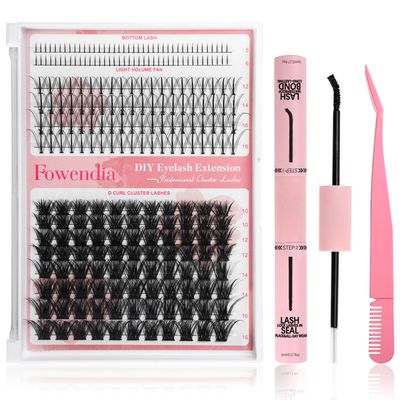 Fowendia Lash Clusters Kit DIY Lash Extension Kit Individual Cluster Eyelash Extensions D Curl Kit with Bottom Lashes Wispy, Lash Bond and Seal Glue, Lash Tweezers at Home (3 Styles, FX03)