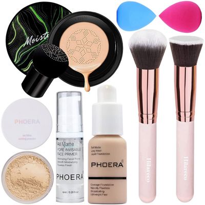 PHOERA Foundation Full Coverage Makeup, Mushroom Head Air Cushion CC Cream Natural Foundation, PHOERA Primer, PHOERA Powder, Brushes Foundation Brush,2 Makeup Sponge (101 Porcelain  02Natural CC)