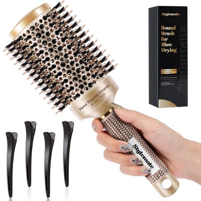 STYLEMATE Round Brush for Blow Out, Nano Thermal Ceramic &amp; Ionic Tech, 2.1 Inch Barrel, Boar Bristles, Roller Brush for Blow Drying and Styling, Gold, Hair Brush for All Hair Types