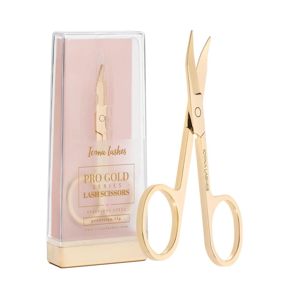 Icona Lashes Eyelash Scissors - 24K Gold-Plated Stainless Steel Lash Scissors for Cutting False Lashes - Curved Scissors with Precision Tips for Trimming Cuticle, Eyebrow, Beard, Facial &amp; Nose Hair