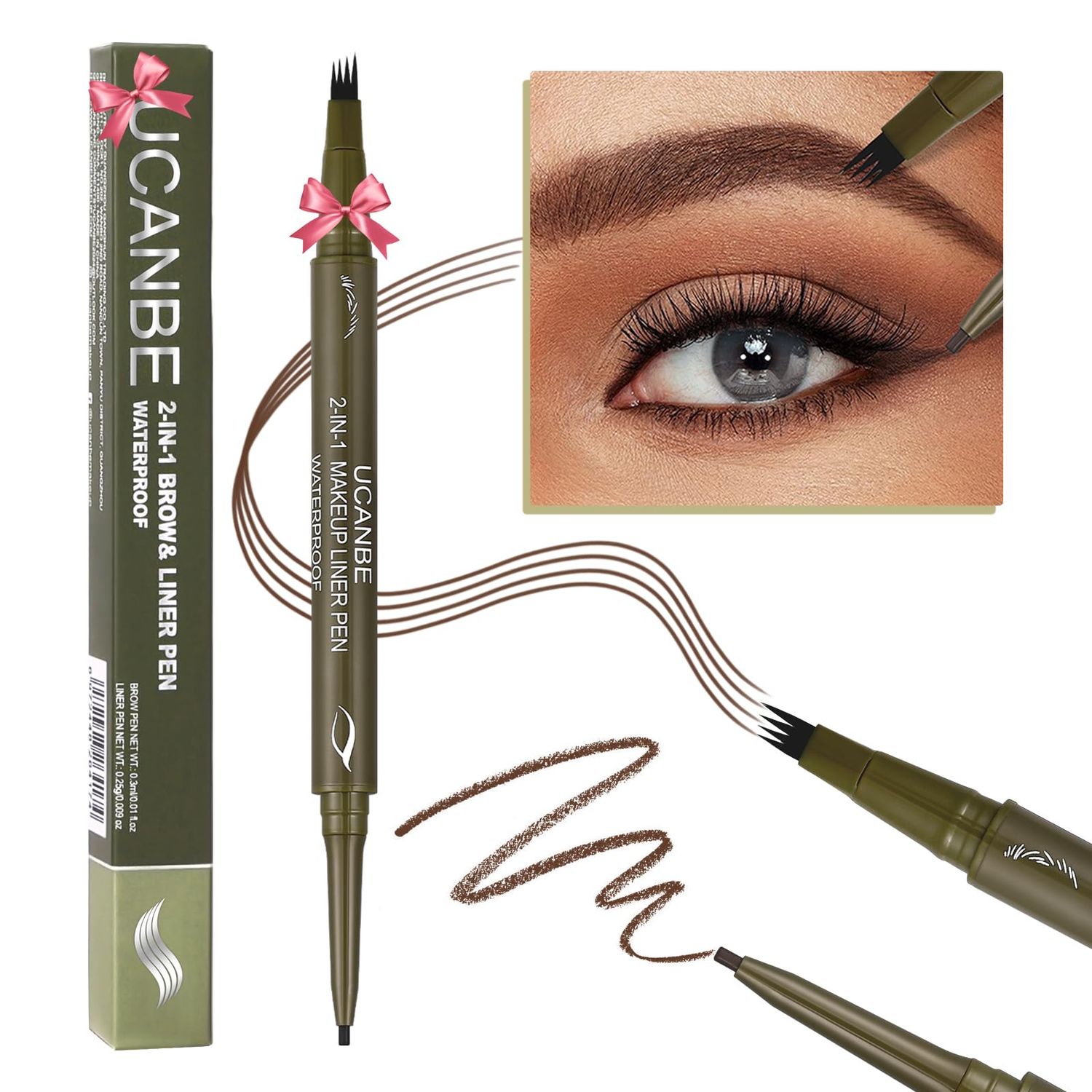 UCANBE Eyebrow Pen, Dual-Ended Eyebrow Pencil with 4-Fork-Tip &amp; Gel Eyeliner for Women, Eye Brow Pen with Gel Eyeliner Pencil, Microblading Eyebrow Pencils with Hair Like Strokes, Light Brown