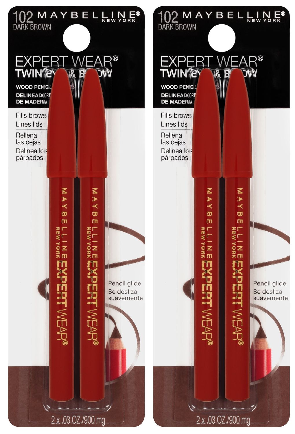 Maybelline New York Expert Wear Twin Brow &amp; Eye Pencils Makeup, Dark Brown, , 2 Count (Pack of 2)