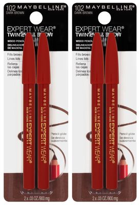 Maybelline New York Expert Wear Twin Brow &amp; Eye Pencils Makeup, Dark Brown, , 2 Count (Pack of 2)