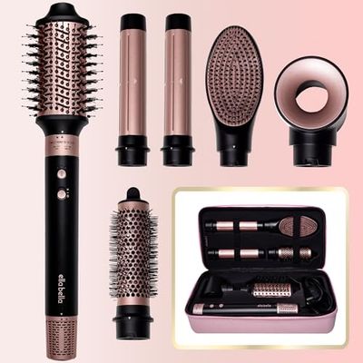 ELLA BELLA 6 in 1 Professional Hot Air Styler  Powerful Hair Dryer &amp; Straightener Set  Styling Without Heat Damage  Fast Drying Curling Volumizing Straightening  Includes Protective Travel Case