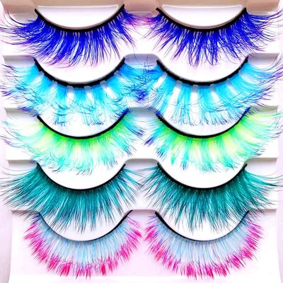 Sunniess Ombre Colored Lashes Silk Protein Fluffy Wispy Volume Fake Lashes for Halloweens Cosplay Party Stage Russian D Curl Lashes with Color Make up Faux Mink False Eyelashes 5 Pairs (AG00)