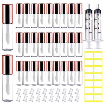 AMORIX 50PCS Mini Lip Gloss Tubes with Wand 1.2ml Empty Lip Gloss Containers Refillable Travel Lip Balm Bottles for Samples with 5ml Syringes DIY Lip Gloss Base  Tag Labels (Rose Gold)