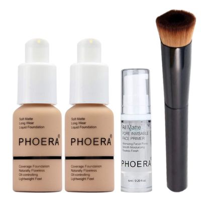 Phoera Foundation Full Coverage Makeup Set - Includes x2 Warm Peach 30ml Matte Foundation, 6ml Face Primer &amp; Liquid Foundation Brush for Easy Application
