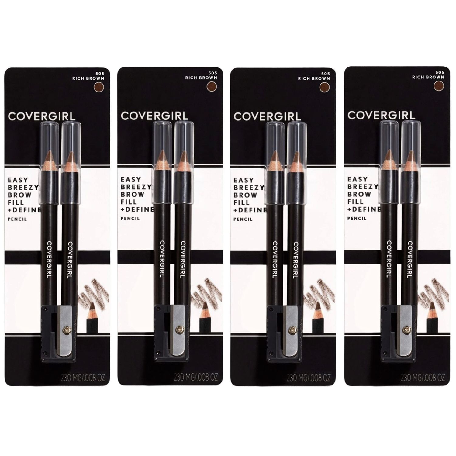 CoverGirl Easy Breezy Brow, FillDefine Pencils 505 Rich Brown 2 ea ( Pack of 4)