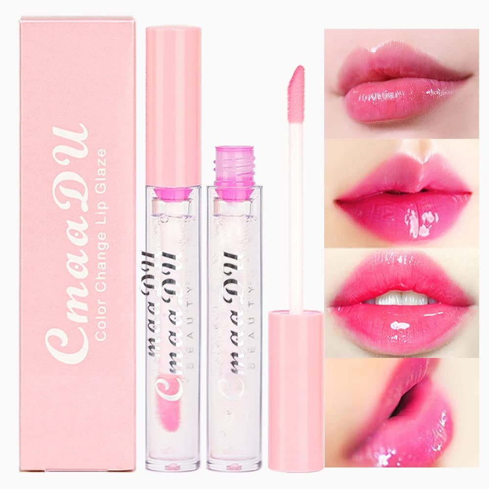 evpct 2Pcs Clear Color Changing PH Tinted Lip Gloss Sets for Women, Pink Mood Lip Oil Gloss Balm Tint Stain Glaze Pack Hydrating 0.11 fl.oz 2