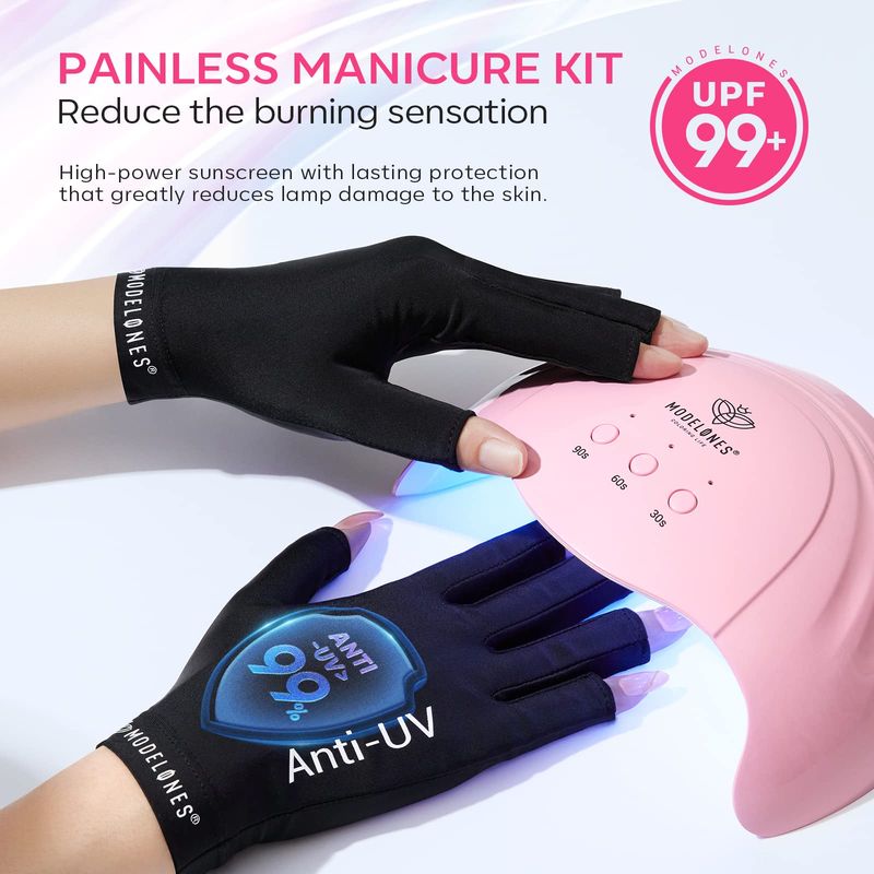 Modelones UV Light for Gel Nails with UV Gloves, 48 W Nail Dryer with 3 Timer Settings, Nail Lamps for Gel Polish, Professional UPF99 UV Protection Gloves for Nail Art Manicure